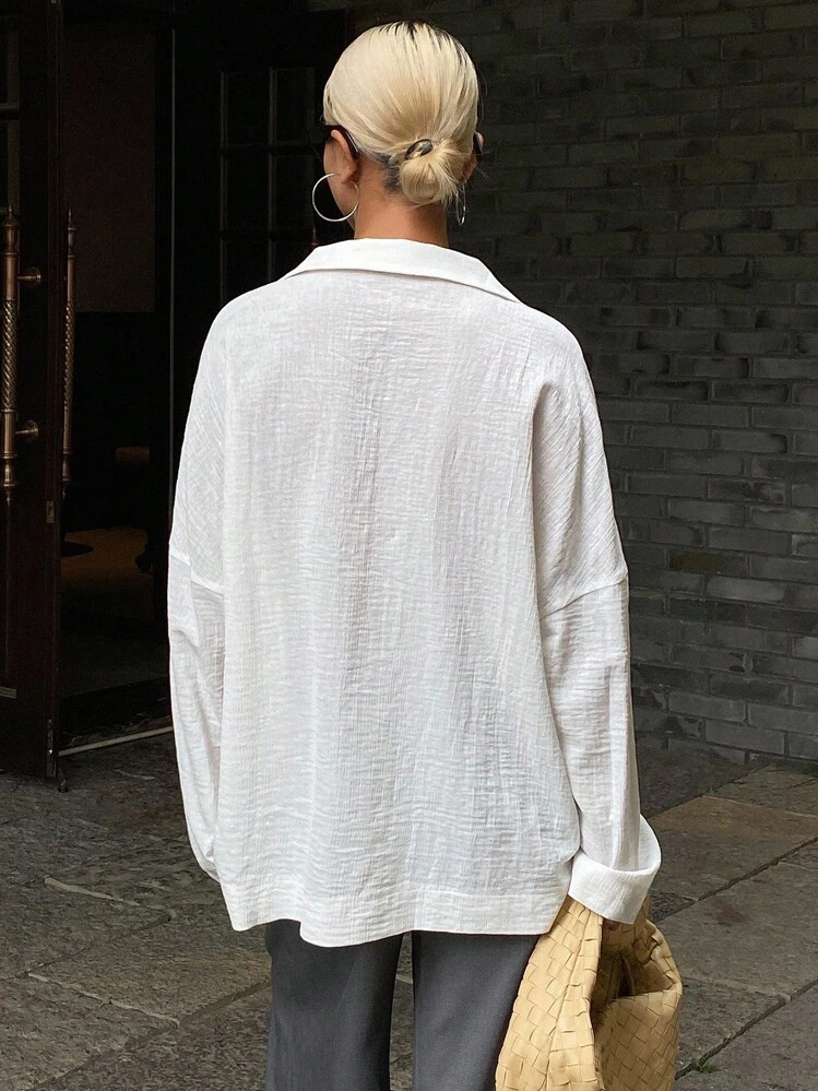 DAZY Solid Color Loose Long Sleeve Pullover Casual Vintage Blouse For Women, Autumn,Fall Women Clothes - White - View 2