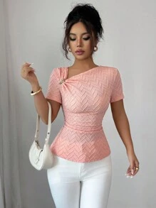 Elenzga 女士优雅不对称领口3D玫瑰金纽扣装饰短袖T恤 - 粉色 - 查看 7