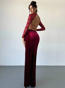 Firerie Women's Contrast Lace Long Sleeve Fitted Midi Dress With Side Slit And 3D Floral Decor, Elegant Wedding Guest Dress Women Bridal Shower Dress White  Elegant Modest - Burgundy - View 5