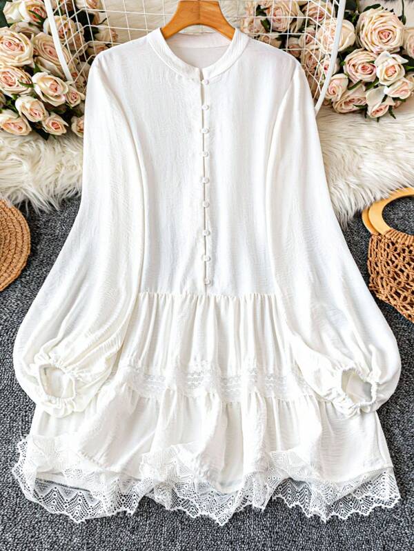 Franclia Women's Deep V-Neck Half-Open Collar Loose A-Line Floral Splice Lantern Sleeve Long Sleeve Short Dress White Lace Dress Long Sleeve White Dress Boho Dress