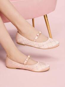 CUCCOO DOLLMOD Women Satin Rhinestone Diamond Decor 1cm Block Heel Flat Slip-On Fashion Loafers, Pink - Baby Pink - View 3