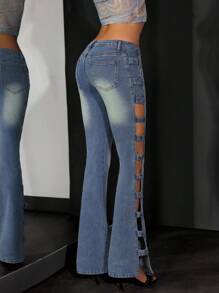 Jeanoix Women's Side Patchwork Flare Leg Casual Jeans, Skinny Flare Jeans Y2k - Medium Wash - View 3