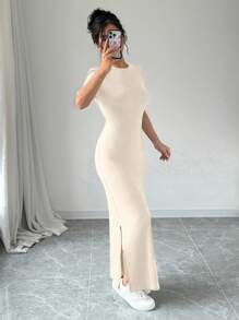 SHEIN PETITE Women's Summer Solid Split Thigh Tee Dress Without Bag Maxi Women Outfit Summer Dress - Apricot - View 6