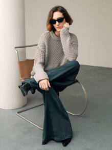 Uhlyne Fall Women Clothes Women's Solid Color Casual Vacation Beach Top, Elegant Round Neck Loose Hollow Out Fuzzy Knit Sweater Women Sweater For Women Women Jumper Women Pullover Knit Pullover Fall Winter - Grey - View 5