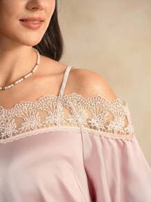 Flouryn Plus Size Elegant Blush Pink Summer Cold Shoulder Top,Lace Trim Patchwork Loose Fit Short Sleeve Tops For Women,Formal Tea Party Commuter - Pink - View 1