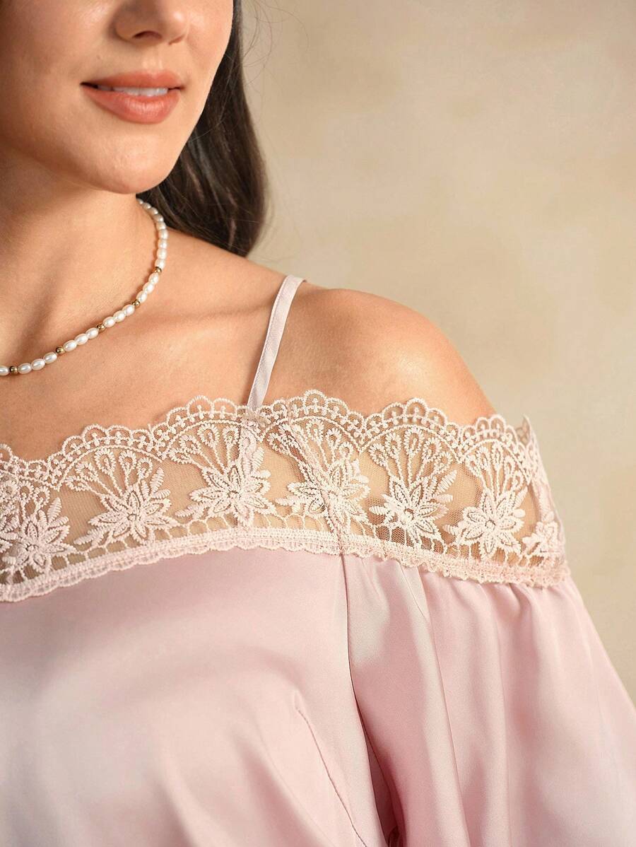 Flouryn Plus Size Elegant Blush Pink Summer Cold Shoulder Top,Lace Trim Patchwork Loose Fit Short Sleeve Tops For Women,Formal Tea Party Commuter - Pink - View 1