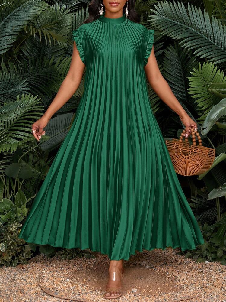 SHEIN Lady Vestido Longo Feminino Solto e Casual de Seda Pregueada com Mangas Curtas em Estilo Voo, Elegante para Festa, Quatro Estações, Aniversário e Eventos, Escritório, Casamento, Férias - Verde - Visão 5
