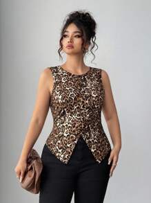 Elenzga Camiseta de tirantes con cuello redondo y bajo asimétrico con estampado de leopardo para tallas grandes - Marrón - Ver 6