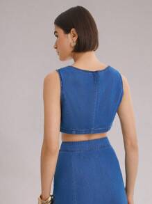 Daynim Atasan Rompi Denim Pendek Tanpa Lengan untuk Wanita - Medium Wash - View 2
