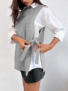 EURMUSE Round Neck Sleeveless Sweater With Pearls - Light Grey - View 5