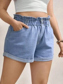 Zelara Plus Paperbag Waist Roll Up Hem Denim Shorts Back To School Back To School School Clothes Back To School Clothes  Homecoming Dress Teacher - Light Wash - View 7