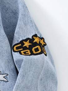 Coolqubz Tween Boy Casual Comfortable Vacation Fashion Street Cute Graffiti Embroidery Non-Stretch Long Sleeve Slim Fit Denim Jacket, Spring/Summer/Autumn. Fashionable Comfortable Daily Versatile Denim Jacket Fall Winter,Unisex - Light Wash - View 6