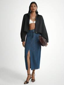 Daynim Chân váy denim bất đối xứng thường ngày dành cho nữ - Rửa tối - Xem 3