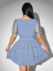 Viva Relle Plus Size Women's Summer Sexy Vacation Elegant Elegant Deep V-Neck Polka Dot Splice Mesh Sheer Puff Sleeve Multi-Layer Ruffle Hem Belted Maxi Dress