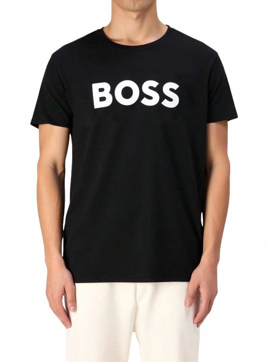 Hugo Boss Men's Letter Print Round Neck Short Sleeve Casual Versatile T-Shirt - 001 Black - View 1