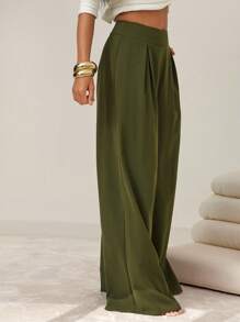 Vixey Fashionable Commuter Minimalist Solid Color Wide Leg Pants, Business Casual Woman, Office - Army Green - View 6