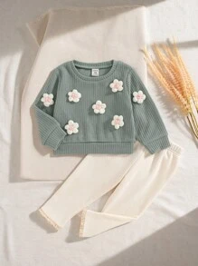 SHEIN 女宝宝宽松休闲可爱3D花朵提花圆领长袖上衣和松紧腰紧身打底裤套装，秋冬 - 綠色 - 查看 5