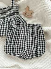 嬰兒女孩格紋鬆緊束口背心上衣和短褲套裝 - 黑與白 - 查看 6