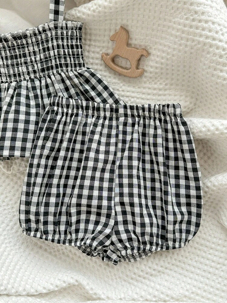 Baby Girl Plaid Shirred Cami Top & Shorts Set