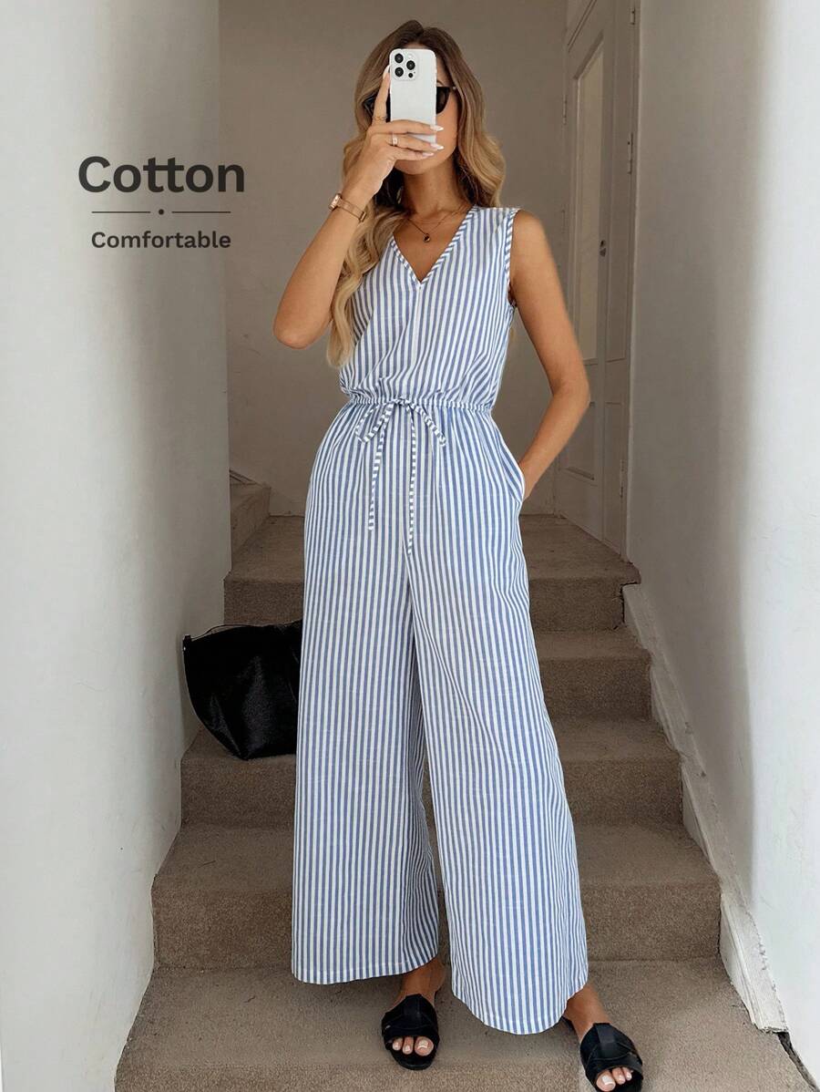 Easowa V 领腰带蝴蝶结口袋无袖连体裤阔腿裤，条纹编织棉质面料，休闲宽松通勤风格女式连体裤 - 藍白色 - 查看 1