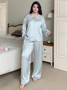 Dazy Plus 2 Peças Conjunto de Pijama Solto com Gola de Lapela e Estampa Xadrez Colorblock, Roupa de Casa Plus Size, Roupas de Outono - Azul - Visão 3