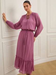 Aveloria 2 件女式褶皱效果高腰宽松舒适灯笼袖半透明系带 V 领荷叶边下摆衬衫和长裙套装，夏季/秋季 - 紫色 - 查看 4
