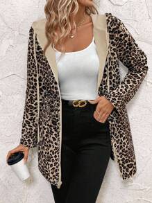 SHEIN Clasi Women's Reversible Leopard Print Drawstring Casual Jacket In Fall/Winter - Khaki - View 3