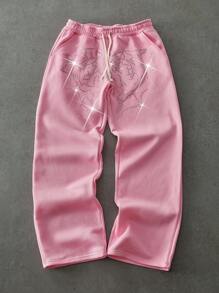 PAVTROS Manfinity Streetrush Men's Light Pink Summer Streetwear Graphic City Break Heart Rhinestone Decor Loose Fit Long Pants,2000s Style Music Festival - Pink - View 1