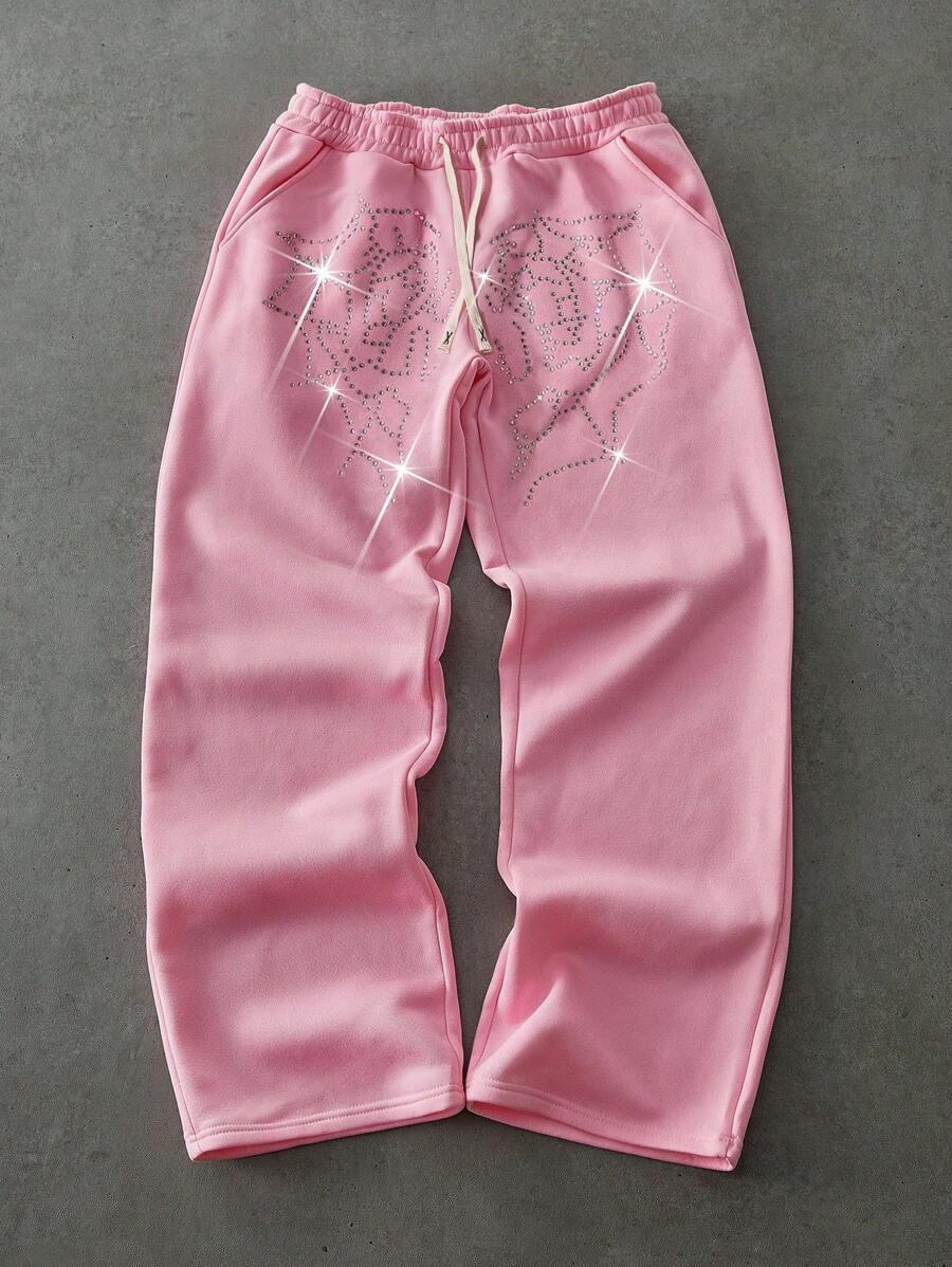 PAVTROS Manfinity Streetrush Men's Light Pink Summer Streetwear Graphic City Break Heart Rhinestone Decor Loose Fit Long Pants,2000s Style Music Festival - Pink - View 1