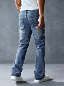 ROMWE MEN Street Life Men's Rhinestone Embellished Pocket Flared Casual Jeans - Blue - View 3