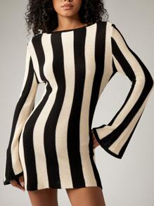AiiRZ 条纹针织迷你连衣裙长款喇叭袖秋冬紧身毛衣连衣裙复古时尚个性连衣裙派对节日俱乐部之夜 - 彩色 - 查看 3