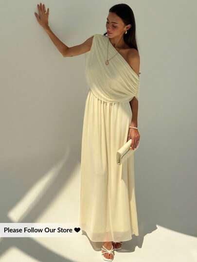 Aloruh New Draped Ruched Shoulder Slim Fit Maxi Party & Holiday Dress, Versatile Lightweight Formal Gown Wedding