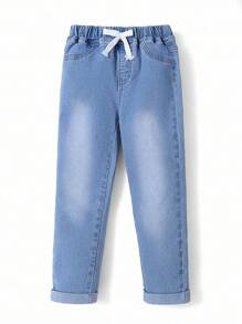 SHEIN Explorewe 3 件套年轻男孩休闲基本款全松紧腰蝴蝶结设计牛仔裤，黑色、蓝色、浅蓝色，仿抽绳装饰，卷边