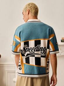 SWAVVY Men's Fashion Letter Striped Short Sleeve Casual Knit Top , Fall Winter - Multicolor - View 2