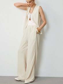 Uhlyne Bộ 2 món đồ thiết kế thanh lịch, đơn giản, màu trơn, thoải mái, phong cách đi làm cho nữ - Màu be - Xem 1