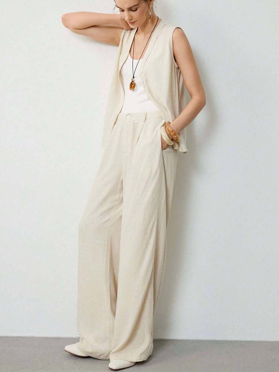 Uhlyne Bộ 2 món đồ thiết kế thanh lịch, đơn giản, màu trơn, thoải mái, phong cách đi làm cho nữ - Màu be - Xem 1