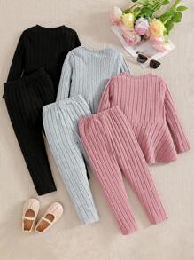 SHEIN Set de 3 piezas para niñas jóvenes con top de manga larga de cuello redondo y unicolor + pantalones casuales sueltos de cintura elástica, para primavera/otoño - Multicolor - Ver 2