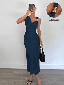 Siren Gaze 女士优雅不对称设计金属扣装饰连衣裙，鸡尾酒会连衣裙 - 藏蓝色 - 查看 3