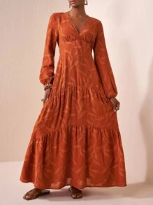 Zivah 2025 Fall Early Autumn New Arrival, Suitable For Birthday Party, Back To School, Campus Style, Daily Wear, Casual, Vacation, Cruise Travel, Beach, Sunbathing, Fashionable, Streetwear, Elegant, Commute, Business Casual V-Neck Long Lantern Sleeve, Waist Cinched A-Line, Multi-Layer Ruching, Extra-Wide A-Line, Brown Cutout Fabric, Early Autumn Extra-Long Dress, Women Maxi Dress - Brown - View 1