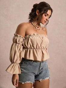 SHEIN VCAY Plus Size Off Shoulder Bell Sleeve Casual Blouse Crop Top, Y2k Cute Going Out Tops Women Fall Airport Basic Tops Khaki Back To School Teacher School Country Concert Western Boho Grunge Vintage Old Money Winter Fairycore Fall Plus Size Baggy Autumn - Khaki - View 3