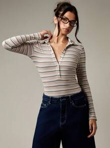 MISSGUIDED Body de punto acanalado a rayas con cuello, abotonado al frente, de manga larga y ajuste ceñido, para usar como capa básica en otoño e invierno, apto para uso profesional, casual y de oficina - Multicolor - Ver 1