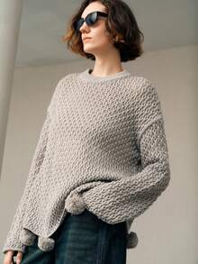 Uhlyne Fall Women Clothes Women's Solid Color Casual Vacation Beach Top, Elegant Round Neck Loose Hollow Out Fuzzy Knit Sweater Women Sweater For Women Women Jumper Women Pullover Knit Pullover Fall Winter - Grey - View 6