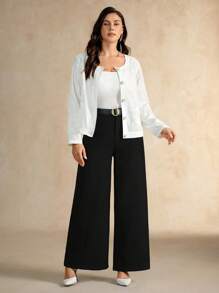Flouryn Jaket Putih Wanita Ukuran Besar dengan Leher Bulat, Lengan Raglan, Kancing Tunggal, dan Patchwork Renda, Jaket Kasual Kantor Elegan untuk Musim Gugur - Putih - View 6