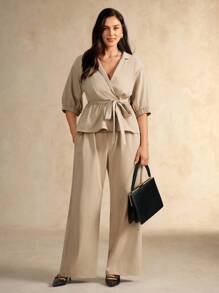 Flouryn Plus Size Women's Solid Color Fashion 2 Pieces Set, Collared Puff Sleeve Cinched Waist Blouse And Casual Wide Leg Pants Suit - Apricot - View 3