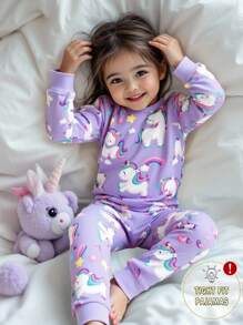 女婴卡通独角兽和彩虹印花舒适睡衣套装，长袖上衣和裤子，舒适时尚 - 紫色 - 查看 4