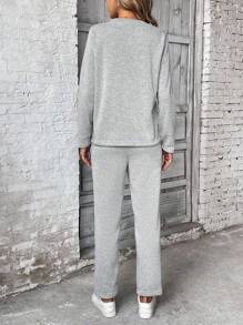 SHEIN PETITE 2pcs Women Long Sleeve Sweatshirt & Pants Set, Sweatshirt Top With Drawstring Hoodie, Elastic Waist Pants All White Casual Outfits Spring