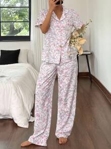 SHEIN 花卉印花翻领短袖睡裤睡衣套装 - 彩色 - 查看 5