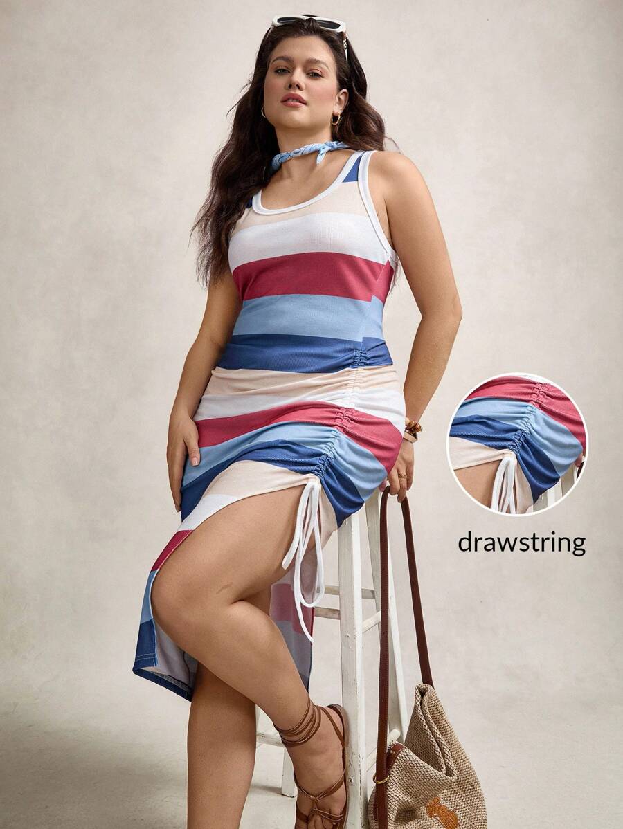 SHEIN LUNE Plus Size Women's Round Neck Drawstring Design Sleeveless Colorful Stripe High Slit Maxi Dress - Multicolor - View 1