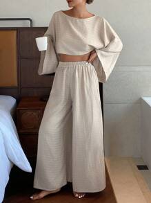 Livesso Bohemian Textured Fabric Cropped Top & Long Wide Leg Pants Women's Lounge Set, Fall Winter Clothes, Cozy Outfit - Khaki - View 3