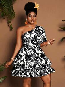 Maweii Plus Size Women's Elegant Vacation Style Floral Print One Shoulder Puff Sleeve Backless Belted Ruffle Hem A-Line Mini Dress, Spring/Summer - Black - View 7